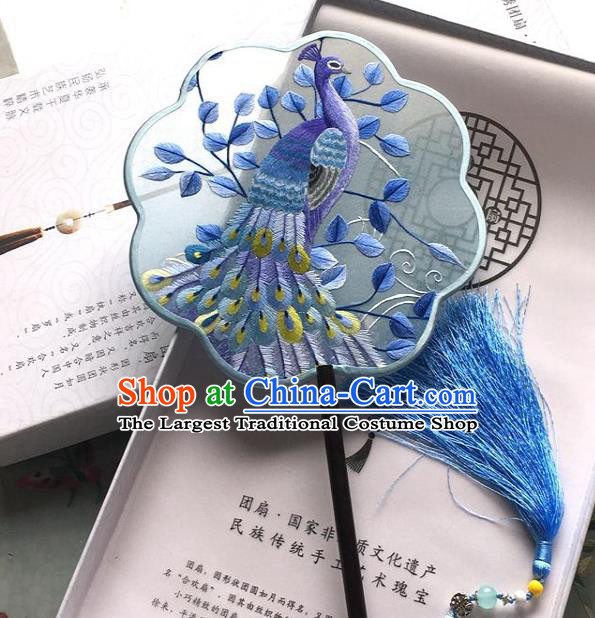 Chinese Handmade Silk Fan Traditional Suzhou Embroidered Peacock Palace Fan Classical Dance Fan