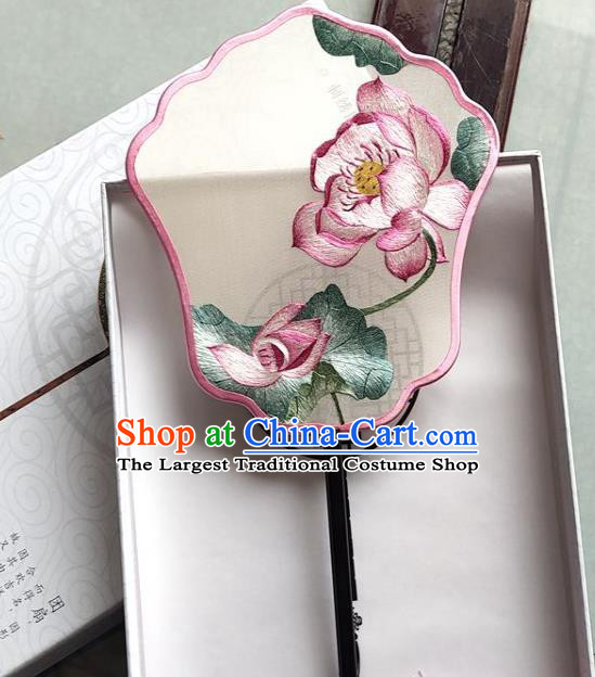 Chinese Handmade Palace Fan Classical Dance Fan Traditional Suzhou Embroidered Lotus Silk Fan