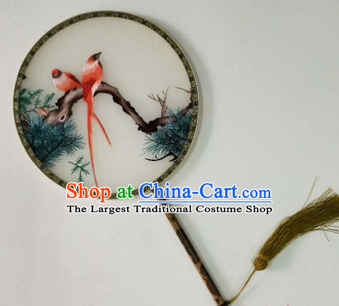 Chinese Traditional Hanfu Circular Fan Cultural Dance Palace Fan Handmade Embroidered Pine Birds Silk Fan