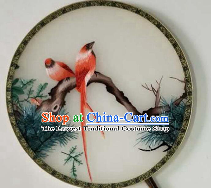 Chinese Traditional Hanfu Circular Fan Cultural Dance Palace Fan Handmade Embroidered Pine Birds Silk Fan