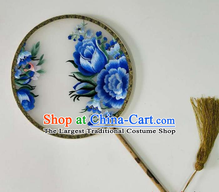 Chinese Handmade Embroidered Blue Peony Silk Palace Fan Traditional Hanfu Circular Fan