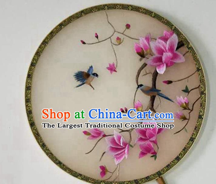 Chinese Handmade Silk Fan Traditional Circular Fan Suzhou Embroidered Mangnolia Palace Fan