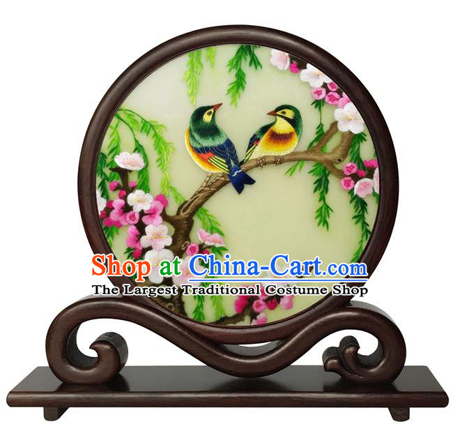 Chinese Handmade Rosewood Table Ornament Traditional Suzhou Embroidery Plum Blossom Desk Screen