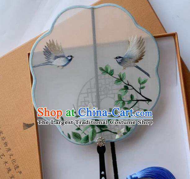Chinese Traditional Ancient Princess Silk Fan Suzhou Embroidered Mangnolia Bird Palace Fan Handmade Hanfu Fan