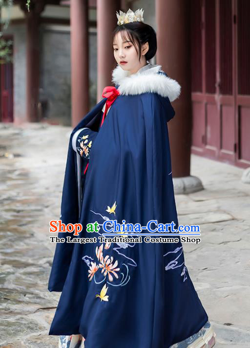 China Ancient Court Woman Costume Traditional Ming Dynasty Princess Embroidered Royalblue Cape