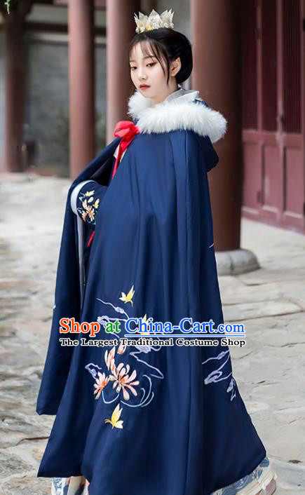 China Ancient Court Woman Costume Traditional Ming Dynasty Princess Embroidered Royalblue Cape