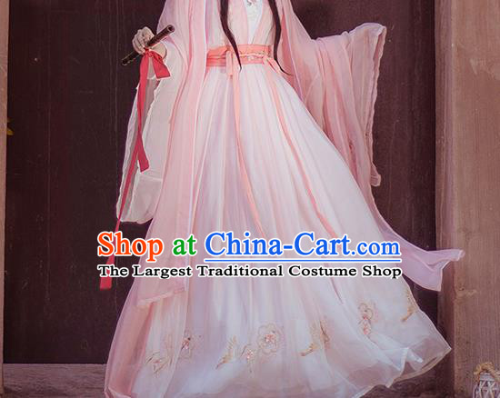 China Ancient Goddess Pink Hanfu Dress Traditional Ming Dynasty Young Beauty Clothing for Women