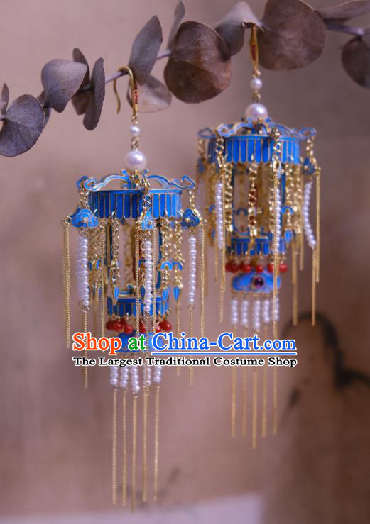 Chinese Ancient Qing Dynasty Pearls Tassel Ear Accessories Traditional Culture Jewelry Blueing Lantern Earrings