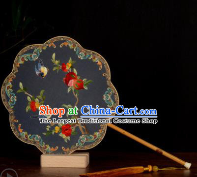 Chinese Handmade Navy Silk Fan Traditional Palace Fan Embroidered Pomegranate Fan