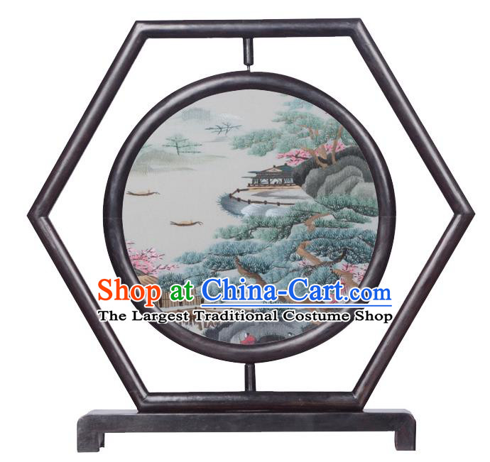 Chinese Traditional Suzhou Embroidery Landscape Desk Screen Handmade Wenge Hexagon Table Decoration