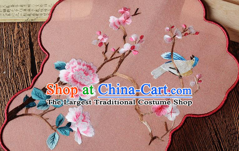 Chinese Embroidered Flowers Bird Fan Handmade Pink Silk Fan Traditional Wedding Palace Fan