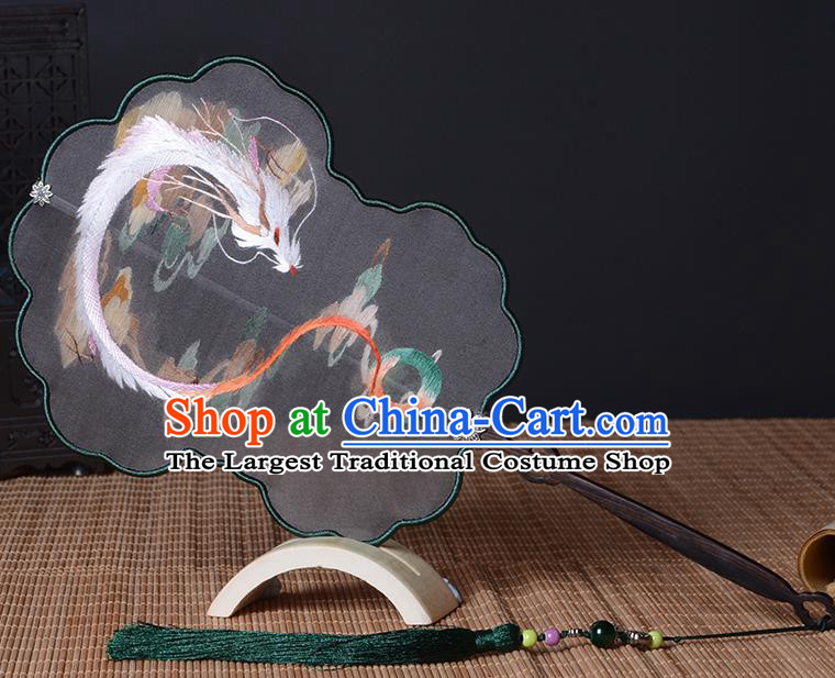 Chinese Embroidered Dragon Fan Traditional Hanfu Palace Fan Handmade Black Silk Fan