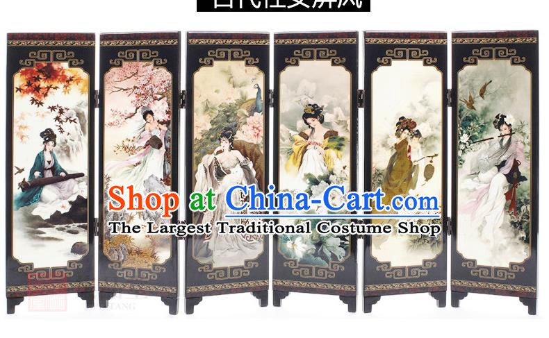 Chinese Traditional Printing Palace Lady Folding Screen Handmade Lacquerware Table Decoration