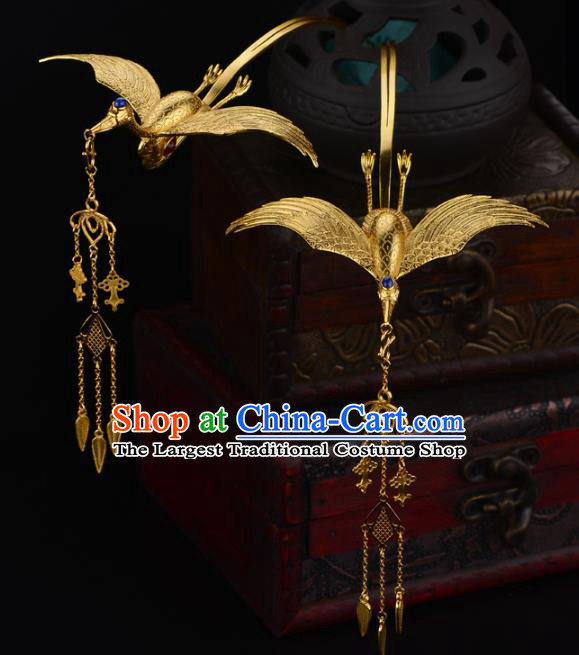 China Ancient Imperial Consort Tassel Hairpin Handmade Traditional Tang Dynasty Palace Golden Crane Hair Stick