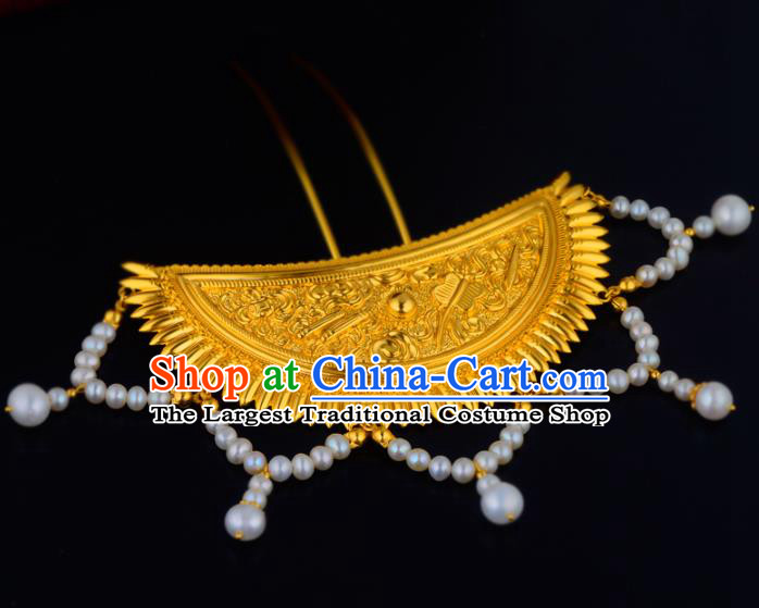 China Ancient Royal Empress Pearls Tassel Hairpin Handmade Traditional Ming Dynasty Noble Woman Hair Stick