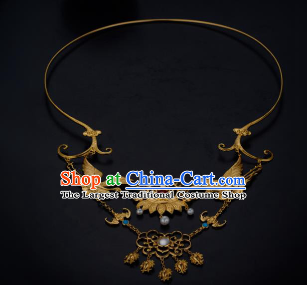 Chinese Ancient Princess Golden Crane Necklace Jewelry Traditional Ming Dynasty Necklet