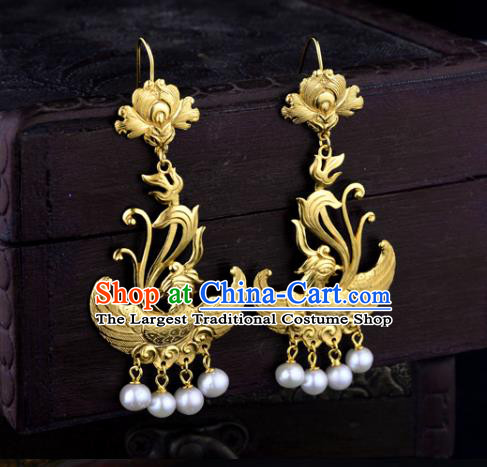 Chinese Traditional Tang Dynasty Pearls Tassel Earrings Ancient Queen Golden Phoenix Ear Accessories