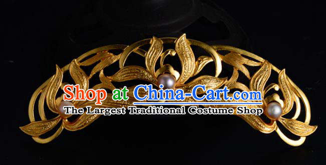China Ancient Palace Lady Pearls Hairpin Handmade Traditional Ming Dynasty Princess Golden Orchids Hair Crown