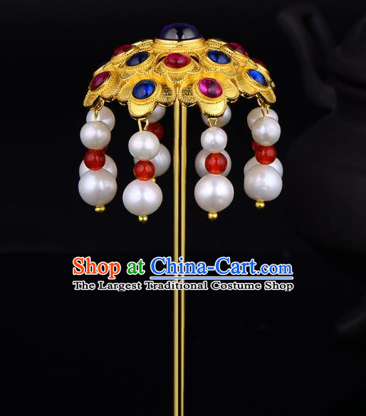 China Ancient Queen Pearls Tassel Hairpin Handmade Traditional Ming Dynasty Golden Peony Gems Hair Stick