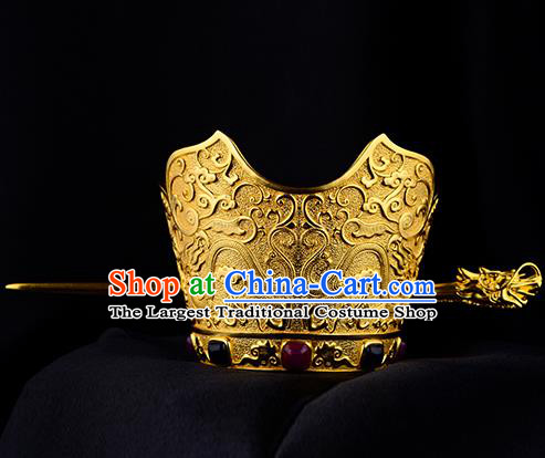 China Ancient King Hair Accessories Handmade Traditional Ming Dynasty Emperor Golden Hairdo Crown