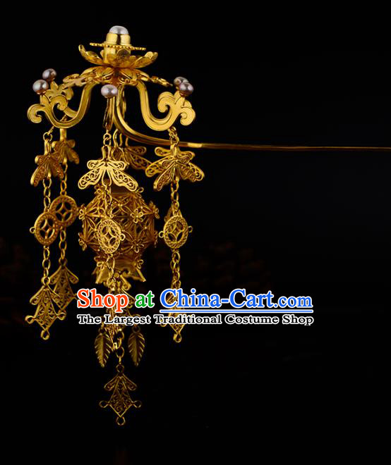 China Ancient Queen Golden Tassel Hairpin Handmade Traditional Ming Dynasty Empress Hair Stick