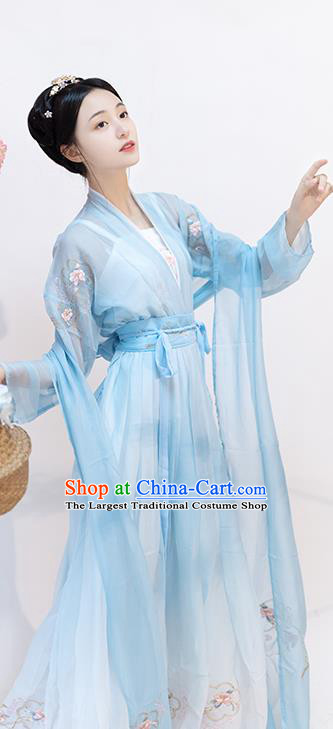 China Ancient Goddess Blue Hanfu Dress Clothing Traditional Song Dynasty Nobility Lady Historical Costumes