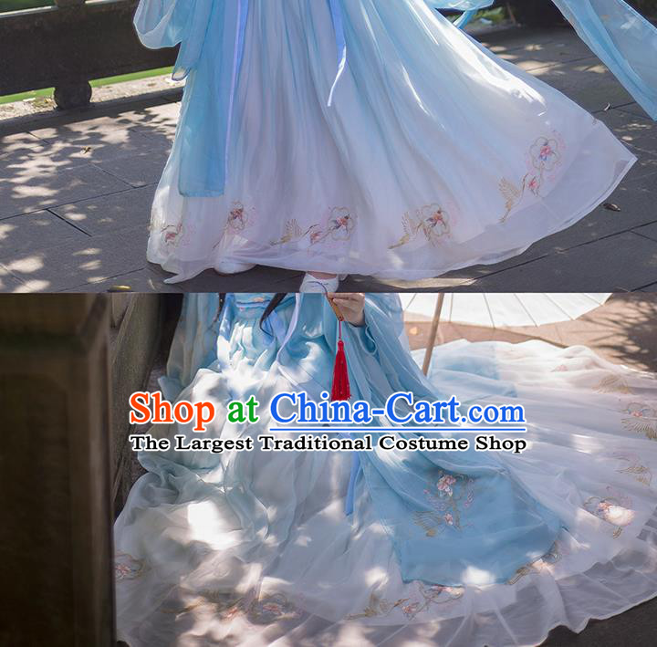 China Ancient Goddess Blue Hanfu Dress Clothing Traditional Song Dynasty Nobility Lady Historical Costumes