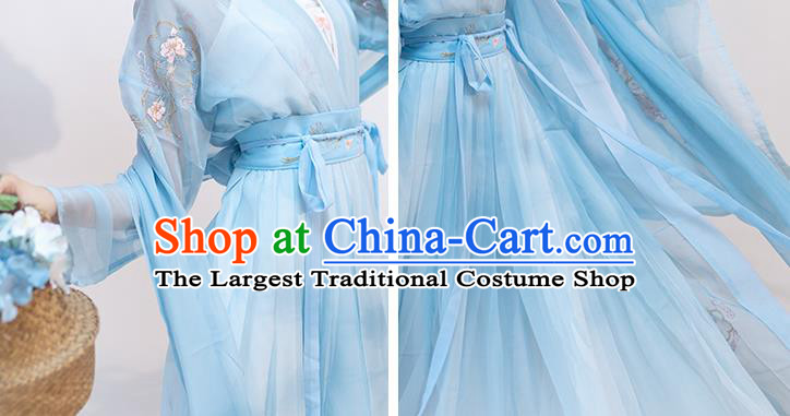 China Ancient Goddess Blue Hanfu Dress Clothing Traditional Song Dynasty Nobility Lady Historical Costumes