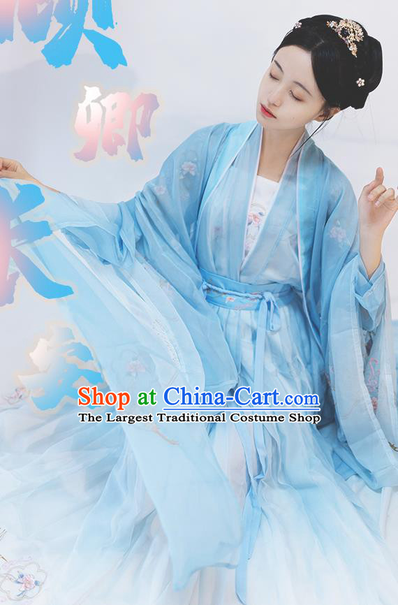 China Ancient Goddess Blue Hanfu Dress Clothing Traditional Song Dynasty Nobility Lady Historical Costumes