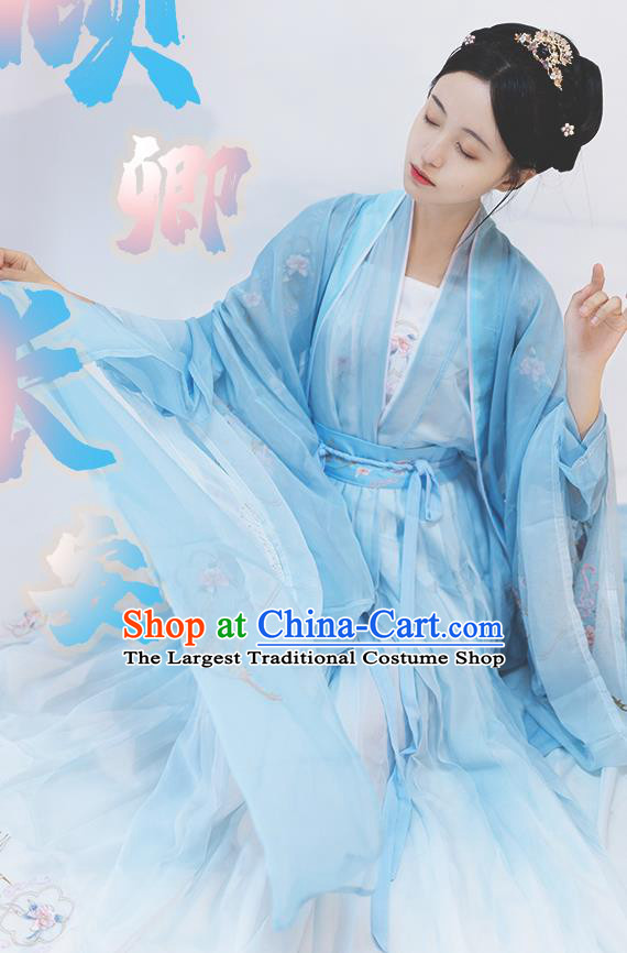 China Ancient Goddess Blue Hanfu Dress Clothing Traditional Song Dynasty Nobility Lady Historical Costumes