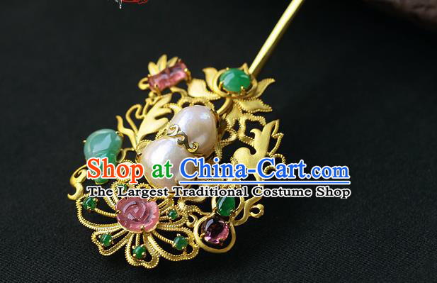 China Ancient Empress Pearls Gems Hairpin Handmade Traditional Ming Dynasty Court Hair Stick