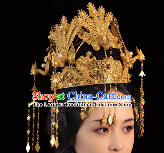 China Ancient Empress Golden Phoenix Coronet Handmade Traditional Ming Dynasty Wedding Hair Crown