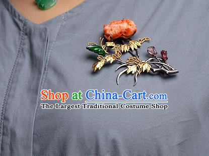 Chinese Traditional Brooch Accessories Ancient Empress Agate Carving Peony Necklace Pendant