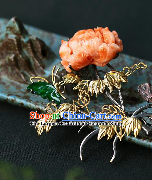 Chinese Traditional Brooch Accessories Ancient Empress Agate Carving Peony Necklace Pendant