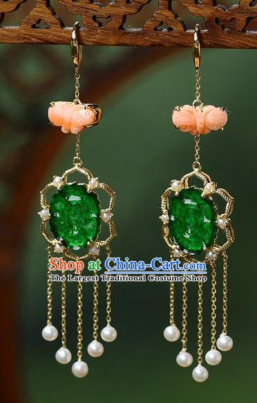 Chinese Handmade Pearls Tassel Ear Accessories Traditional Cheongsam Jadeite Butterfly Earrings