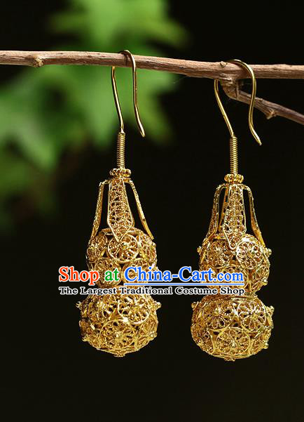 Chinese Handmade Filigree Ear Accessories Traditional Cheongsam Golden Gourd Earrings