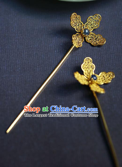 China Ancient Queen Sapphire Hair Stick Traditional Ming Dynasty Filigree Orchid Hairpin