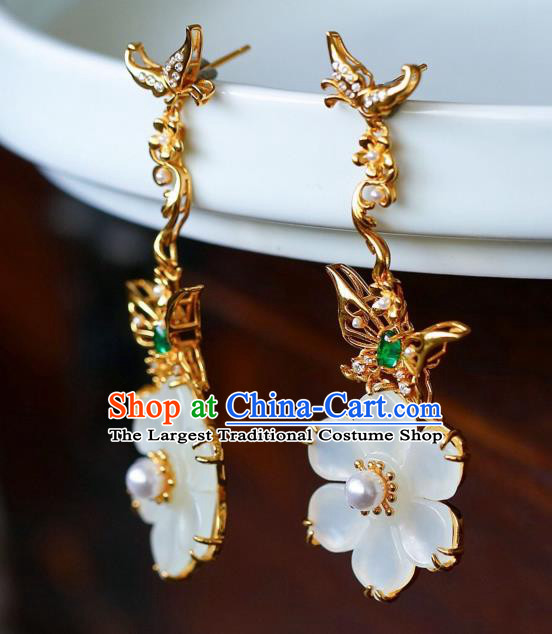 Chinese Handmade Jade Flower Ear Accessories Traditional Golden Butterfly Earrings
