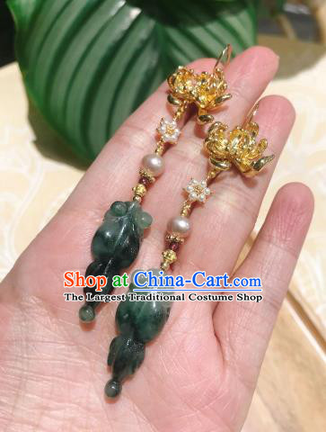 Chinese National Jadeite Goldfish Ear Accessories Handmade Traditional Cheongsam Golden Chrysanthemum Earrings