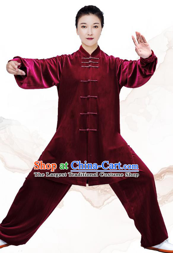 China Tai Ji Training Clothing Tai Chi Costumes Traditional Kung Fu Purplish Red Velvet Uniforms