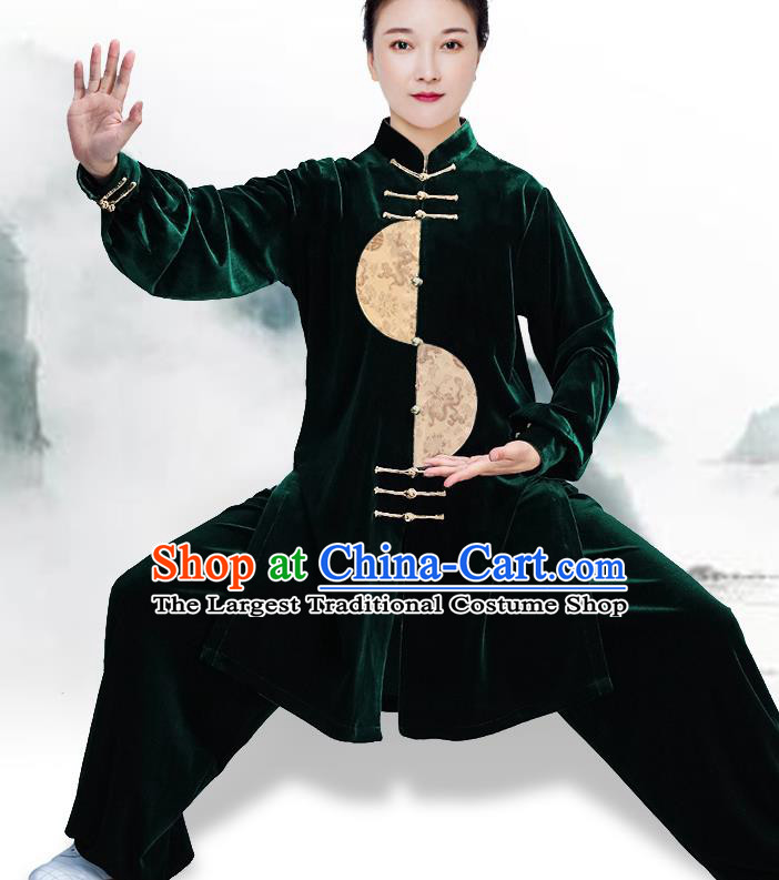 China Traditional Kung Fu Green Velvet Uniforms Tai Ji Training Clothing Tai Chi Costumes