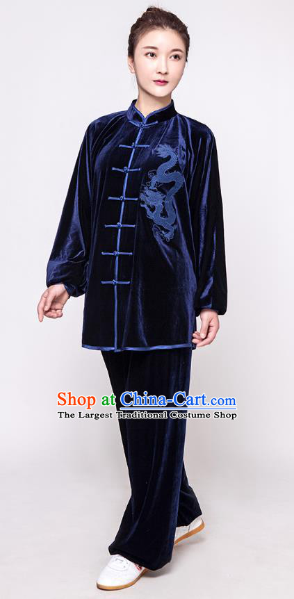 China Embroidered Dragon Tai Chi Training Costumes Martial Arts Clothing Traditional Kung Fu Navy Velvet Uniforms