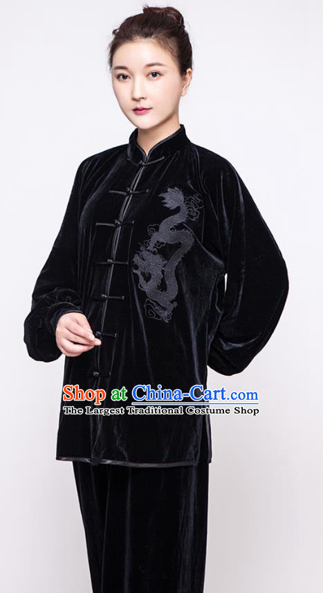 China Martial Arts Clothing Traditional Kung Fu Black Velvet Uniforms Embroidered Dragon Tai Chi Training Costumes