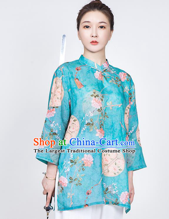 China Traditional Tai Chi Training Costume Printing Flowers Blue Flax Blouse Martial Arts Clothing