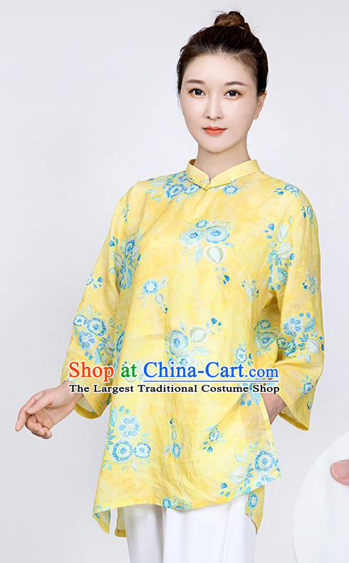 China Printing Flowers Yellow Flax Blouse Martial Arts Clothing Traditional Tai Chi Training Costume