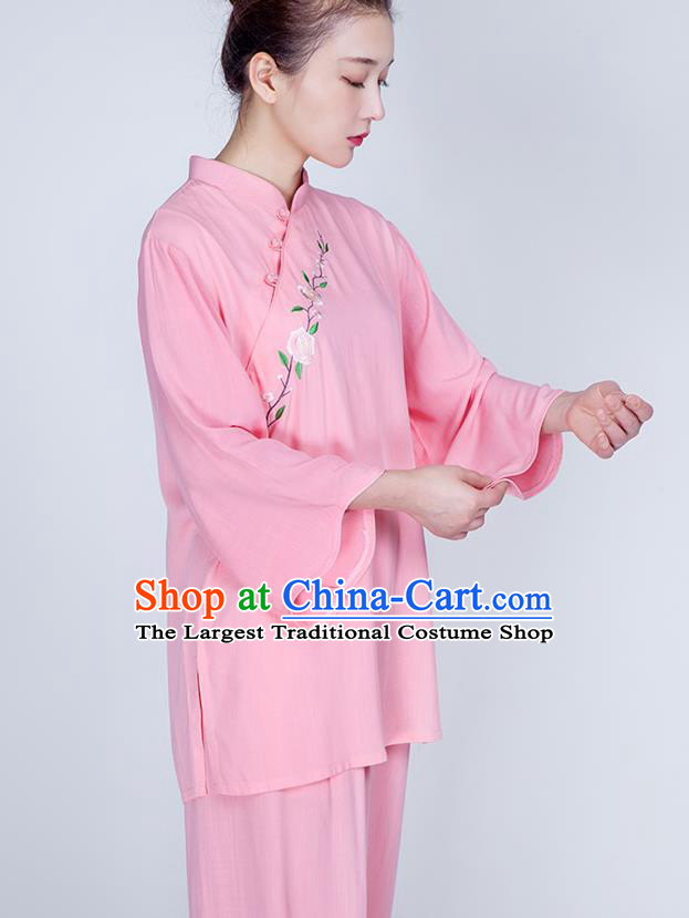 China Martial Arts Embroidered Clothing Traditional Tai Chi Training Costume Kung Fu Pink Flax Uniforms