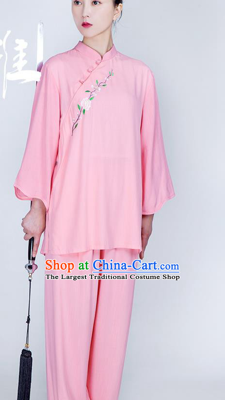 China Martial Arts Embroidered Clothing Traditional Tai Chi Training Costume Kung Fu Pink Flax Uniforms