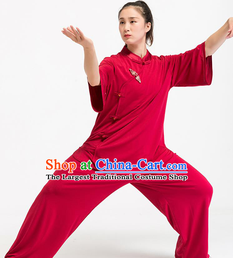 China Kung Fu Wine Red Uniforms Summer Tai Chi Training Costume Traditional Martial Arts Clothing