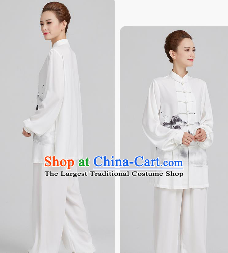 China Ink Landscape Painting White Uniforms Kung Fu Costume Tai Chi Clothing