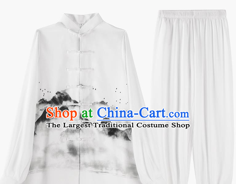 China Ink Landscape Painting White Uniforms Kung Fu Costume Tai Chi Clothing